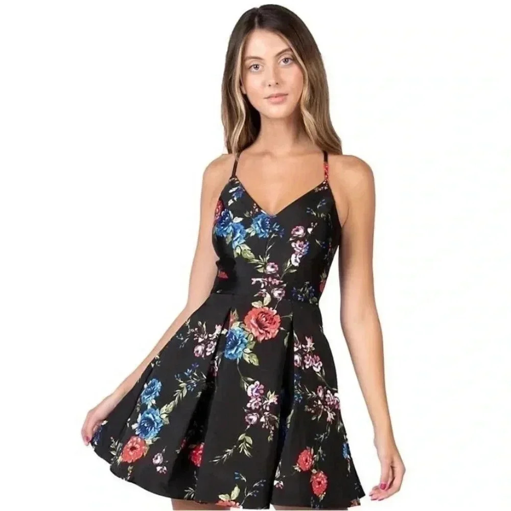 B Smart Fit N Flare Black Floral Sweetheart Girls XS/S EUC Dress‎